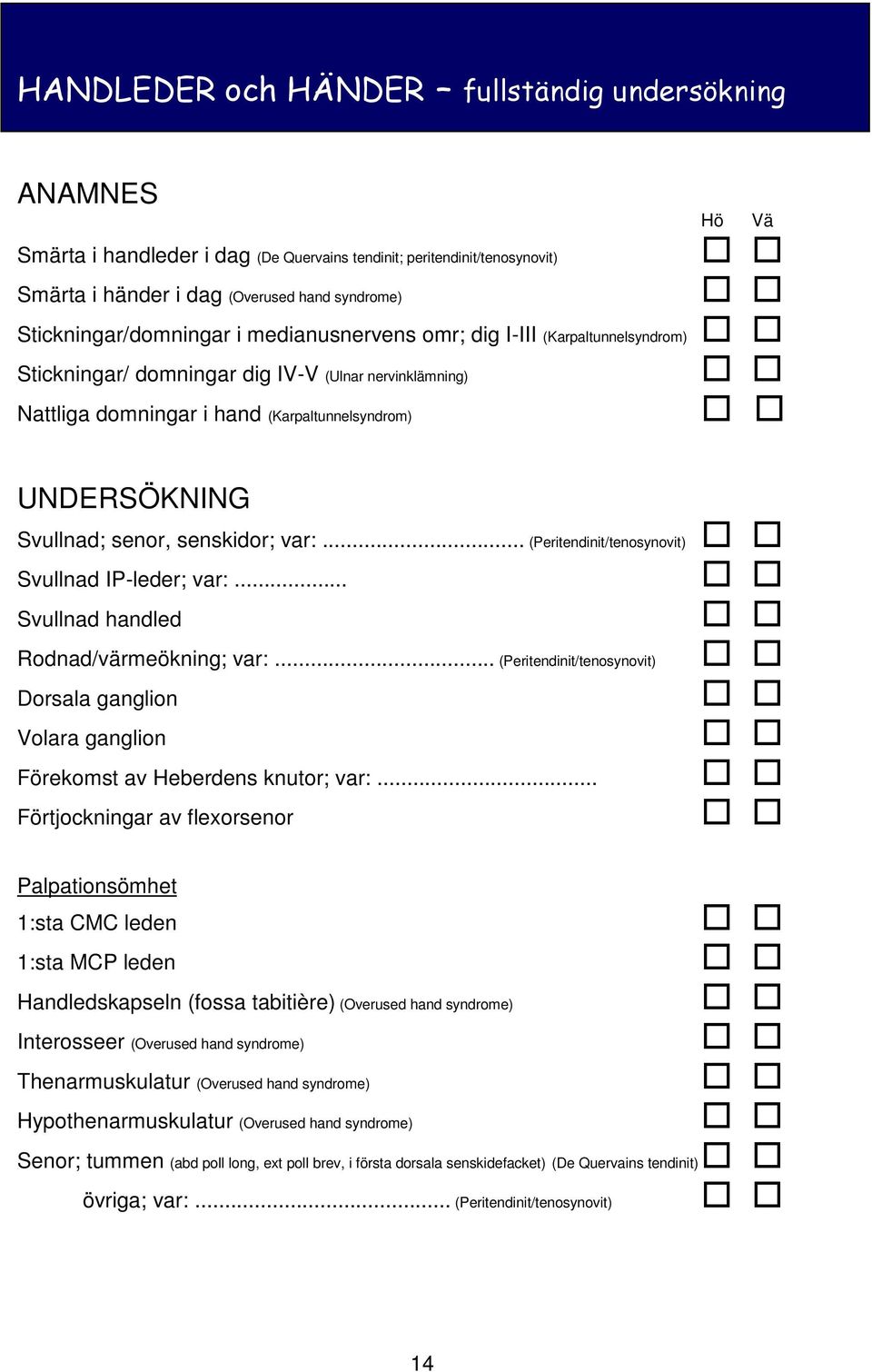 var:... (Peritendinit/tenosynovit) Svullnad IP-leder; var:... Svullnad handled Rodnad/värmeökning; var:.