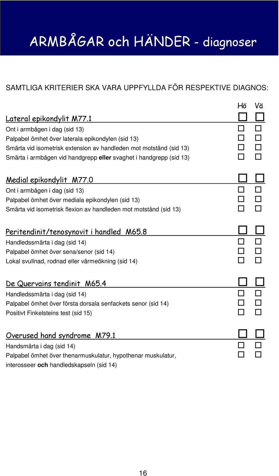 handgrepp (sid 13) Medial epikondylit M77.