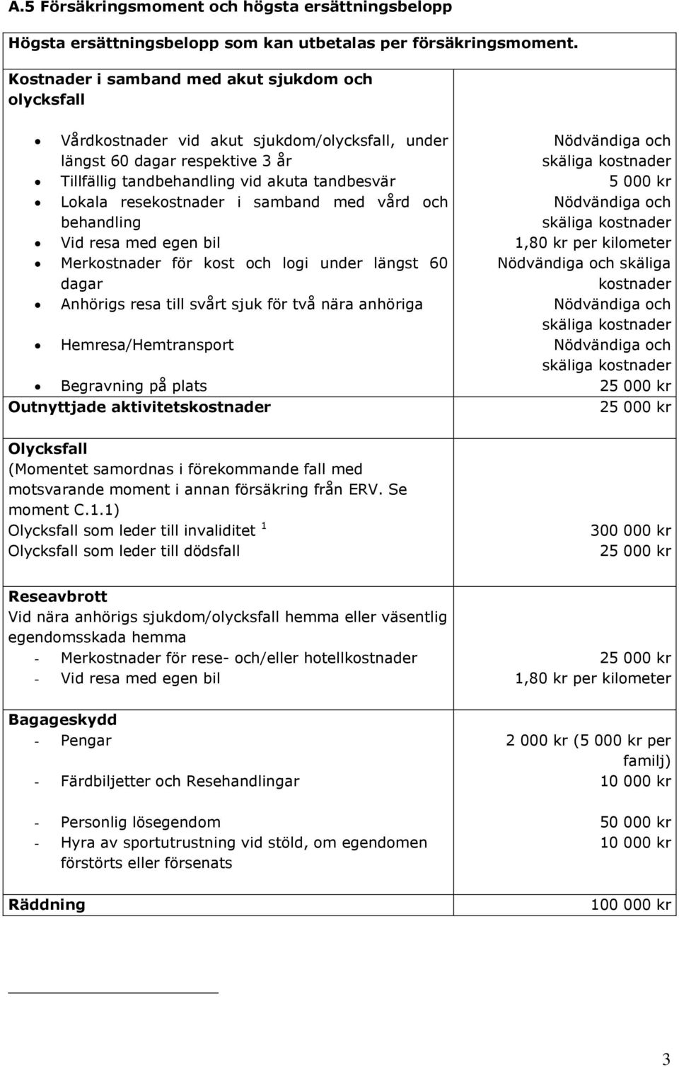 resekostnader i samband med vård och behandling Vid resa med egen bil Merkostnader för kost och logi under längst 60 dagar Anhörigs resa till svårt sjuk för två nära anhöriga Hemresa/Hemtransport