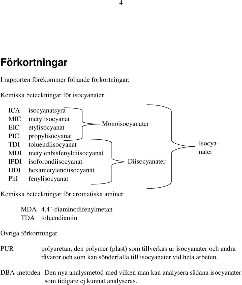 Kemiska beteckningar för aromatiska MDA 4,4 -diaminodifenylmetan TDA toluendiamin Övriga förkortningar PUR polyuretan, den polymer (plast) som tillverkas ur isocyanater och