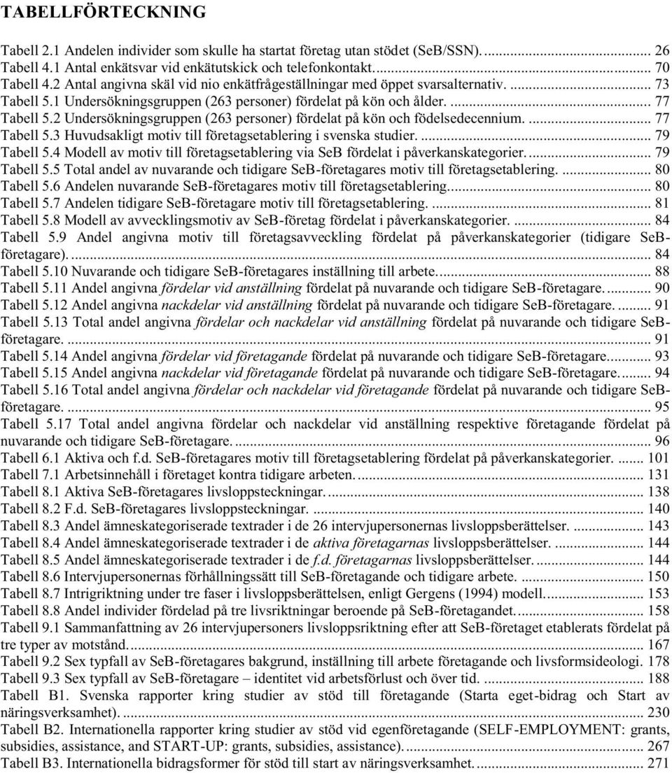 2 Undersökningsgruppen (263 personer) fördelat på kön och födelsedecennium.... 77 Tabell 5.3 Huvudsakligt motiv till företagsetablering i svenska studier.... 79 Tabell 5.