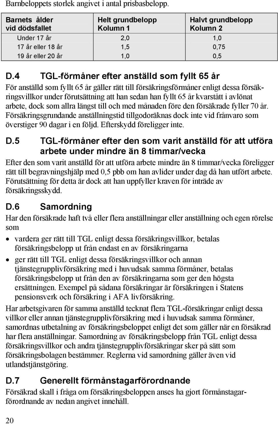 4 TGL-förmåner efter anställd som fyllt 65 år För anställd som fyllt 65 år gäller rätt till försäkringsförmåner enligt dessa försäkringsvillkor under förutsättning att han sedan han fyllt 65 år