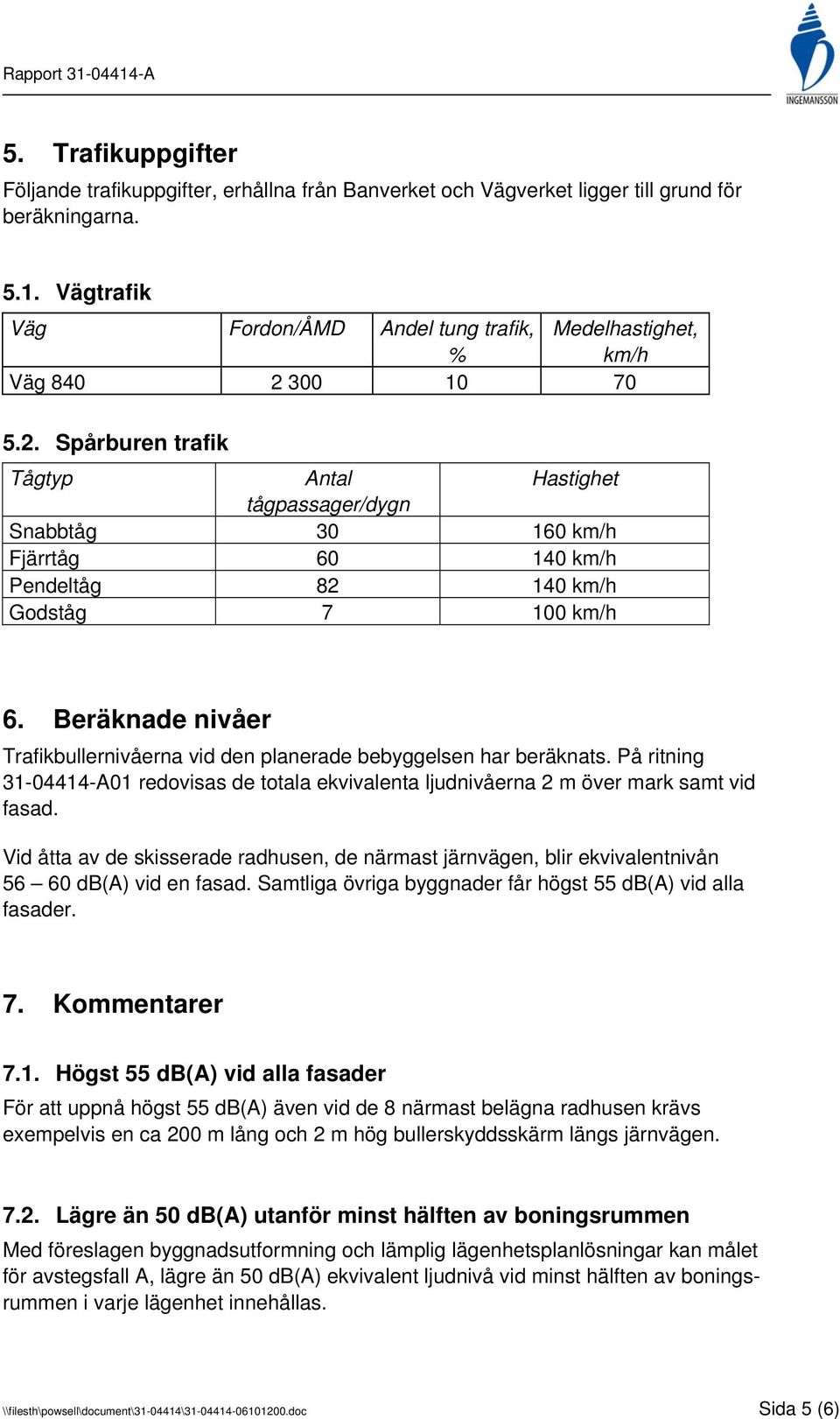 300 10 70 5.2. Spårburen trafik Tågtyp Antal Hastighet tågpassager/dygn Snabbtåg 30 160 km/h Fjärrtåg 60 140 km/h Pendeltåg 82 140 km/h Godståg 7 100 km/h 6.