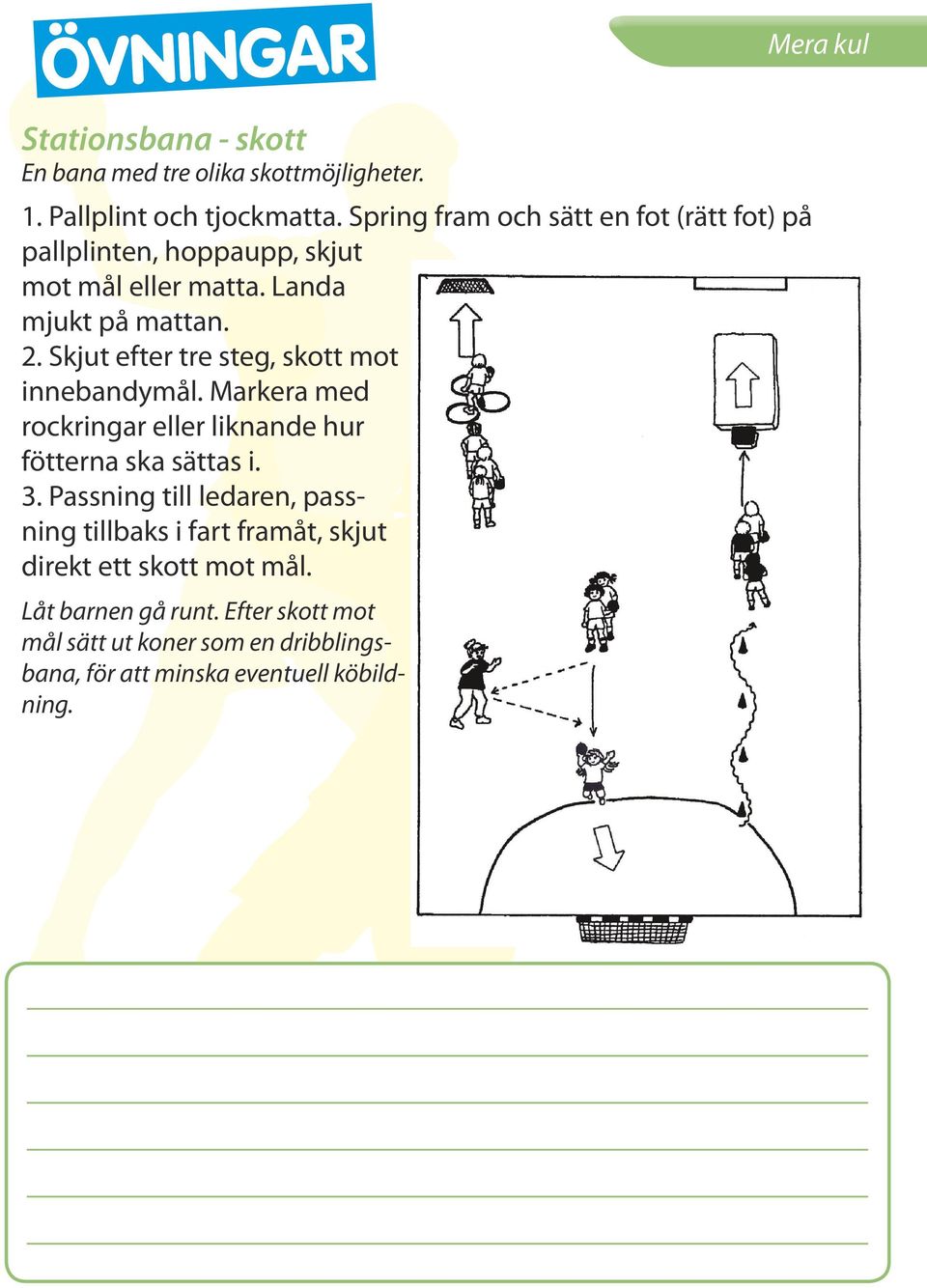 Skjut efter tre steg, skott mot innebandymål. Markera med rockringar eller liknande hur fötterna ska sättas i. 3.
