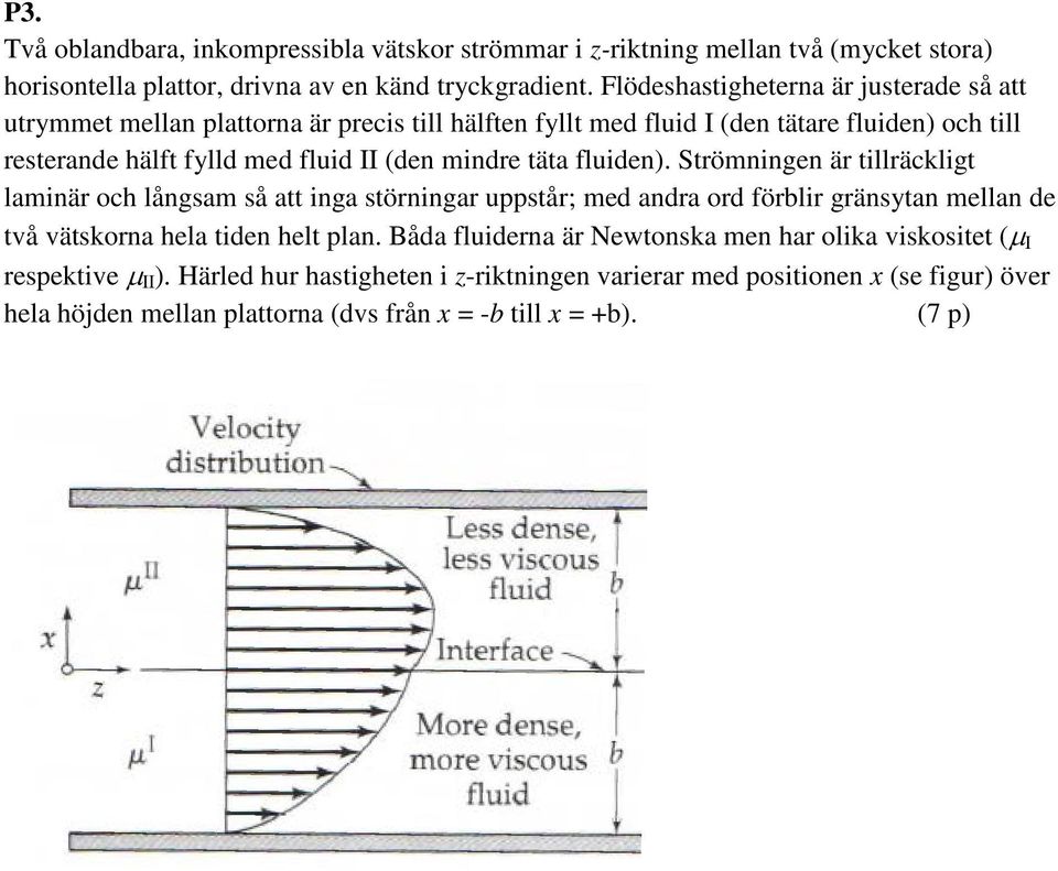 mindre täta fluiden). Strömningen är tillräckligt laminär och långsam så att inga störningar uppstår; med andra ord förblir gränsytan mellan de två vätskorna hela tiden helt plan.