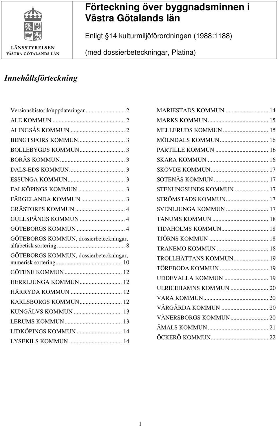 .. 3 GRÄSTORPS KOMMUN... 4 GULLSPÅNGS KOMMUN... 4 GÖTEBORGS KOMMUN... 4 GÖTEBORGS KOMMUN, dossierbeteckningar, alfabetisk sortering... 8 GÖTEBORGS KOMMUN, dossierbeteckningar, numerisk sortering.