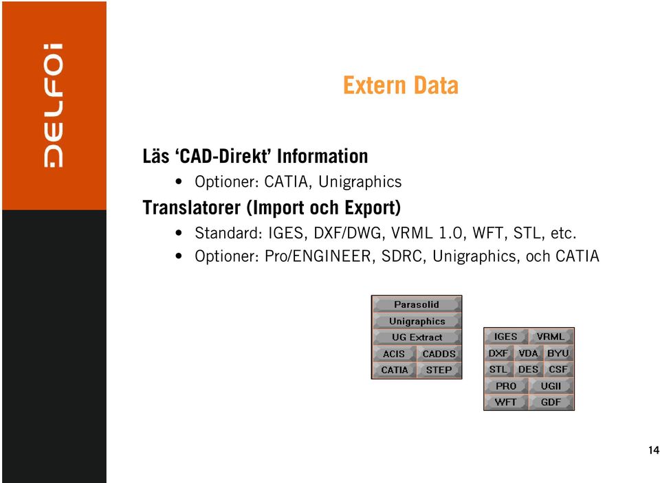 Standard: IGES, DXF/DWG, VRML 1.0, WFT, STL, etc.