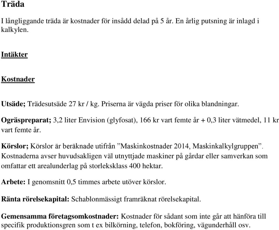 Ogräspreparat; 3,2 liter Envision (glyfosat), 166 kr vart femte år + 0,3 liter vätmedel, 11 kr vart femte