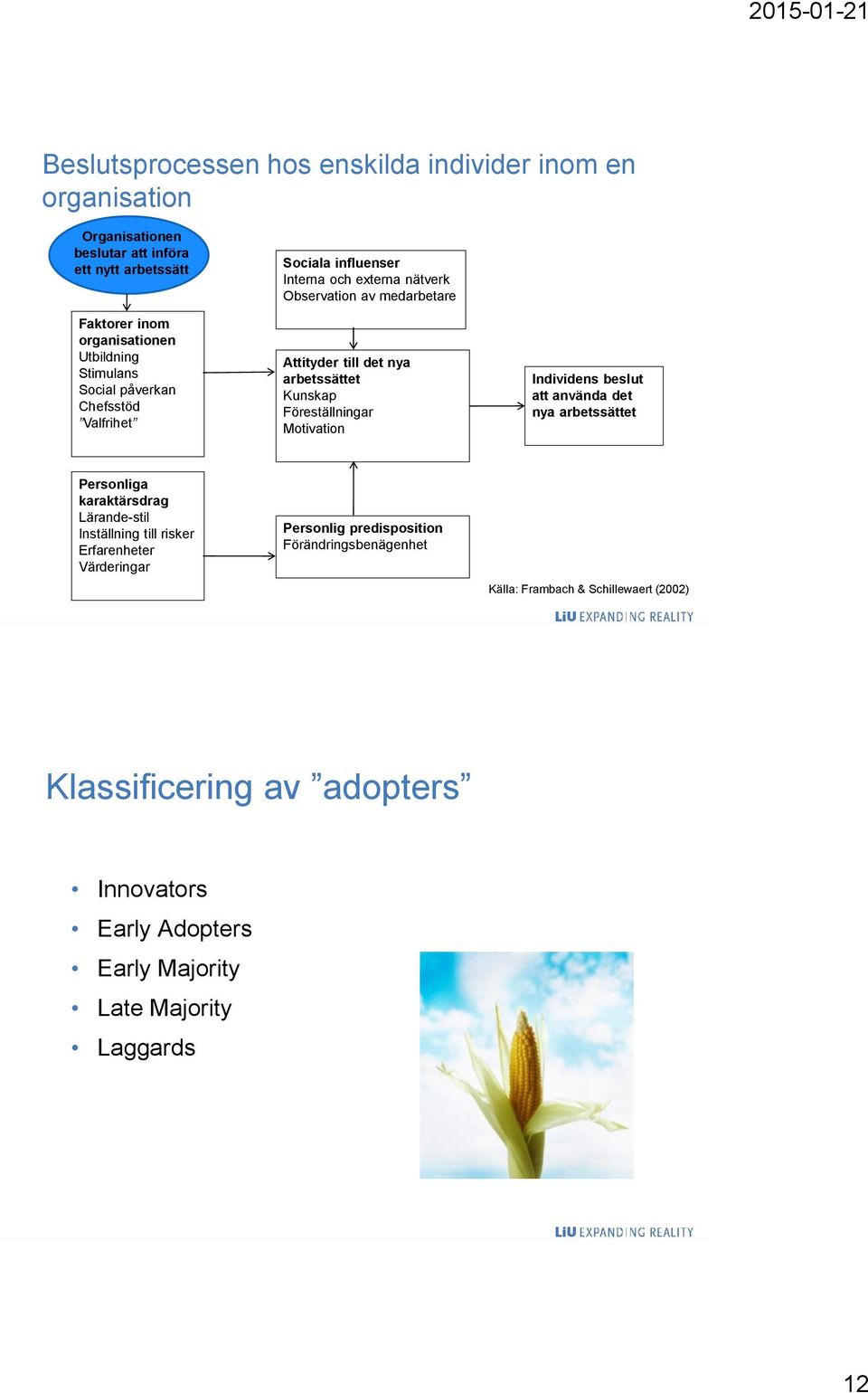 Föreställningar Motivation Individens beslut att använda det nya arbetssättet Personliga karaktärsdrag Lärande-stil Inställning till risker Erfarenheter Värderingar