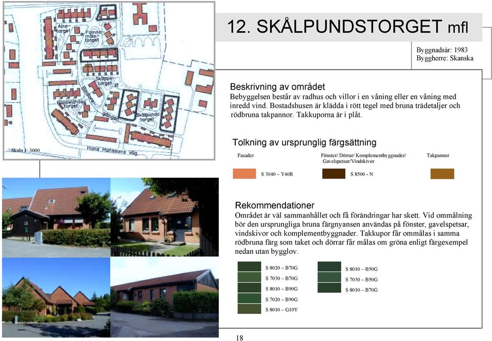 Tolkning av ursprunglig färgsättning Fasader Fönster/ Dörrar/ Komplementbyggnader/ Takpannor Gavelspetsar/Vindskivor S 3040 Y40R S 8500 - N Området är väl sammanhållet och få förändringar har skett.