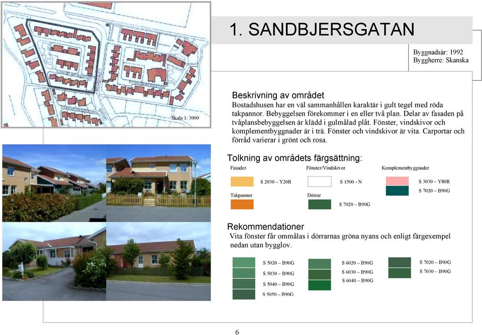 Fönster och vindskivor är vita. Carportar och förråd varierar i grönt och rosa.