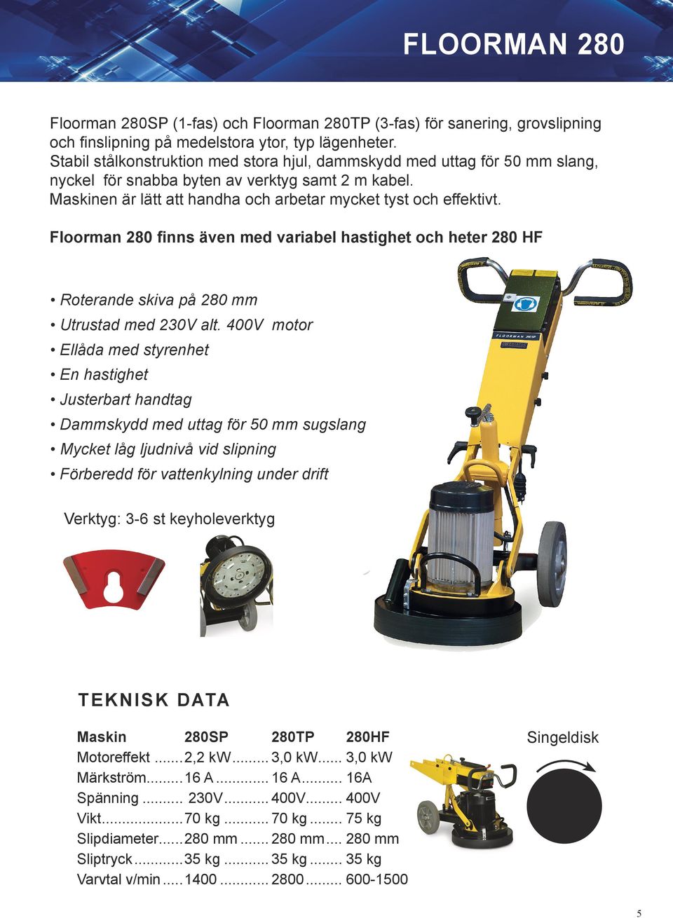 Floorman 280 finns även med variabel hastighet och heter 280 HF Roterande skiva på 280 mm Utrustad med 230V alt.