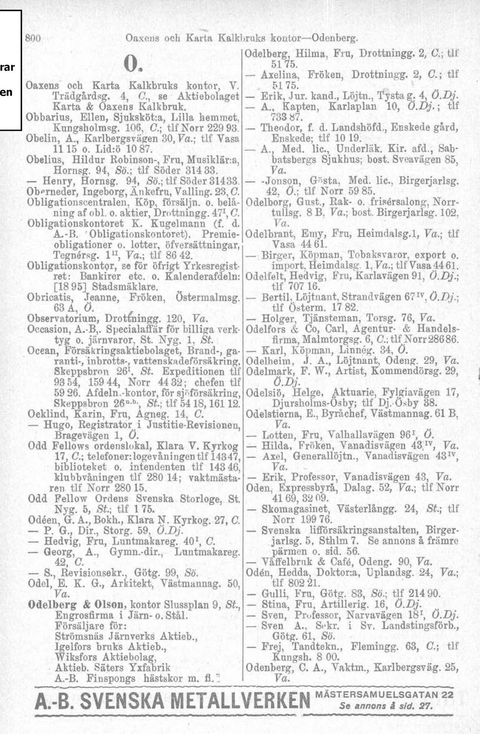 ; tlf Söder 31433 Obprneder, Ingeborg, Änkefru, Valling. 23, C. Obligationscentralen, Köp, försäljni. o. belåning af obl. o. aktier, Drcittuingg. 47I, C. Obligationskontoret H. Kugelmann (f. d. A.-R.