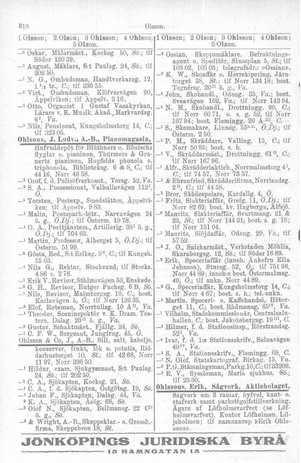 Pensionat, Eungsholmstorg 14, C.; tlf 323 05. Ohlsons, J. Lild~., A.-B., Yian0magasin, Hufvuddepôt för Bluthners o. Rönischs flyglar o. pianinon, Thurmers & Grunerts pianinon, Hupfelds phonola o.