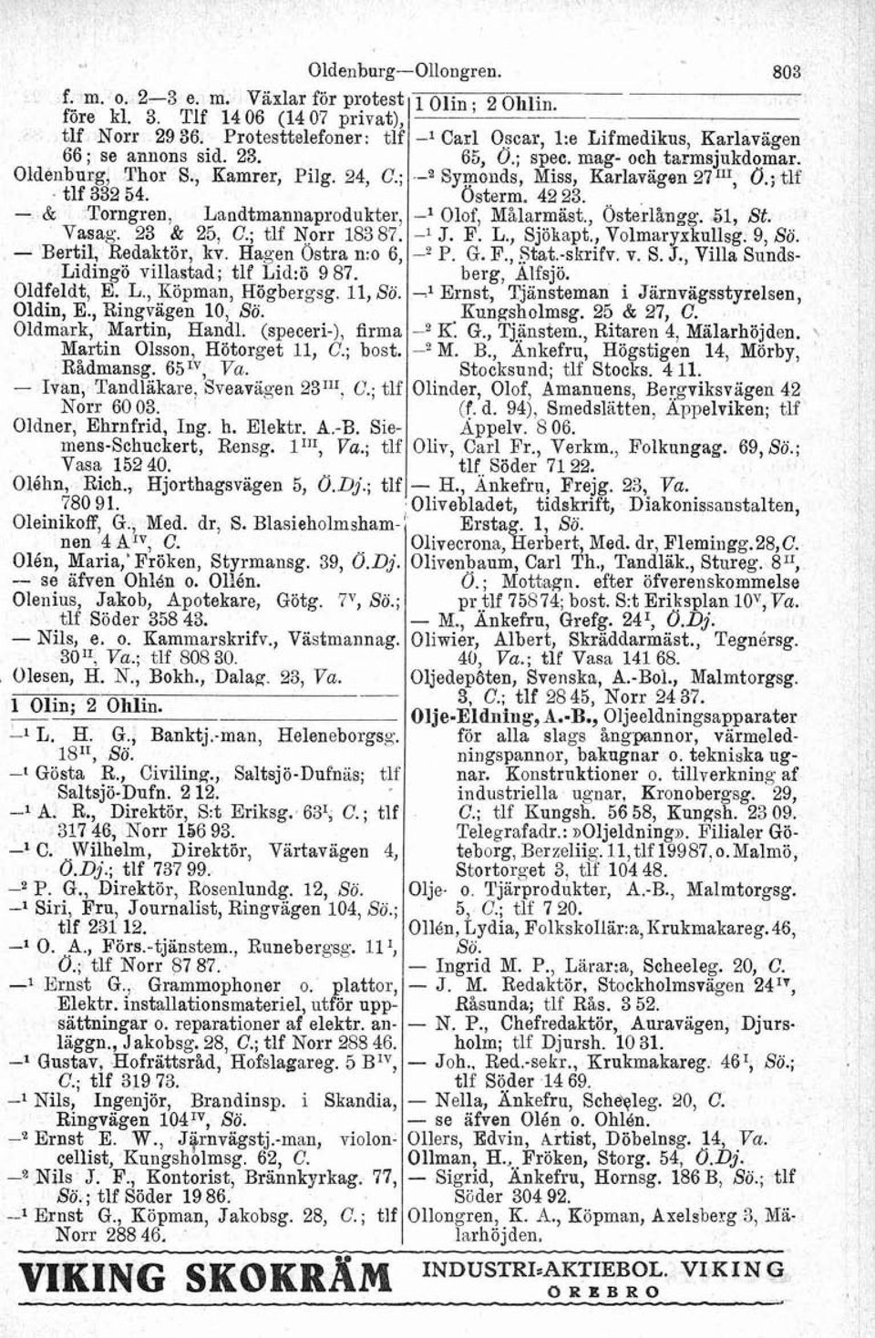 11, Sö. Oldin, E., Ringvägen 10, Sö. Oldmark, Martin, Handl. (speceri-), firma Martin Olsson, Hötorget 11, C.; bost. Rkdmansg. 651V - Ivan, Tandläkare, kveavägen 23"I, Q; tlf Norr 60 03.
