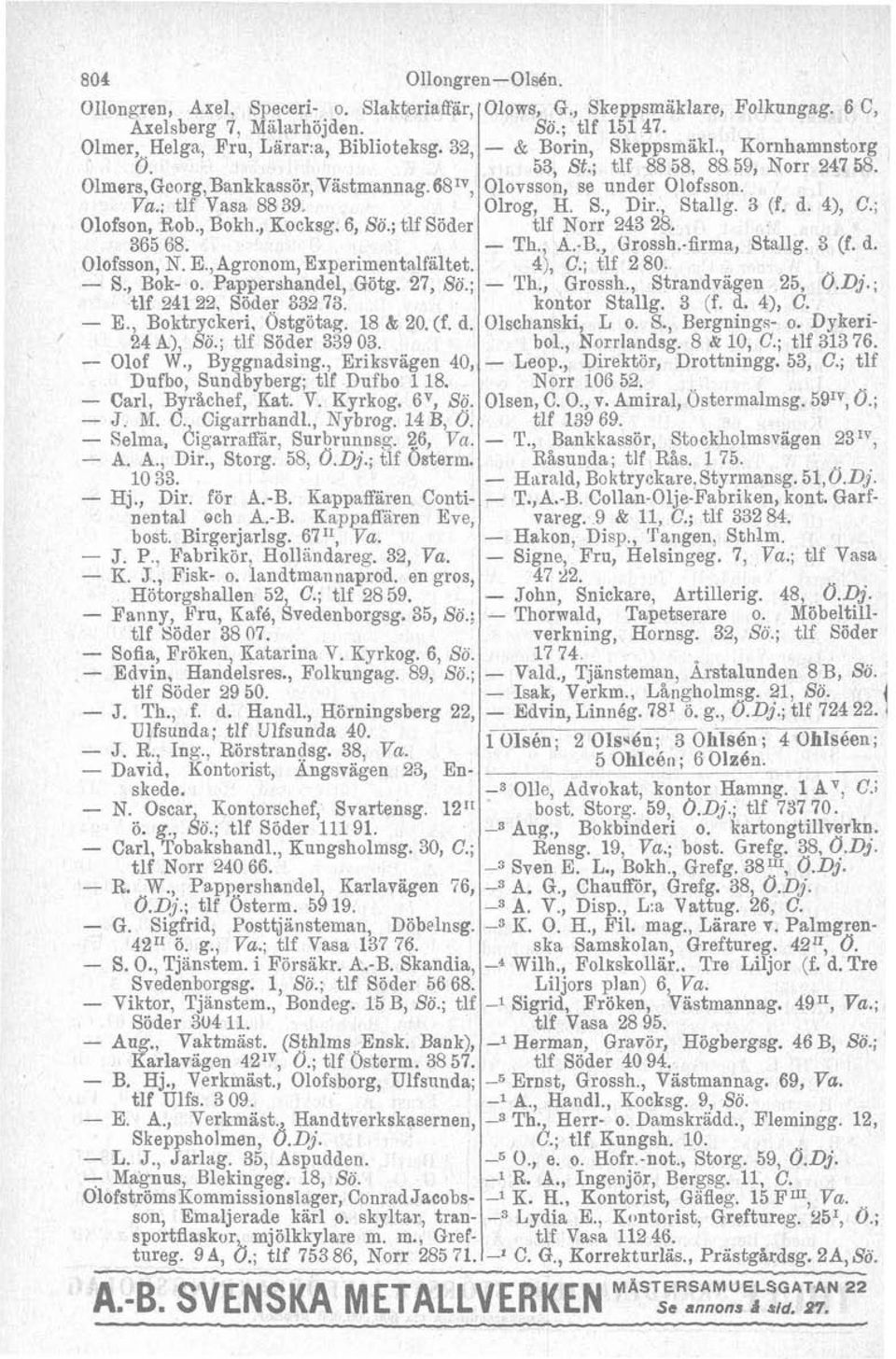 d. 24 A), Sö.; tlf Söder 3'39 03. Ollongren-01sBn. - Olof W., Byggnadsing., Eriksvagen 40, Dufbo, Sundbyberg; tlf Dufbo 118. - Carl, Byråchef, Rat. V. Kyrkog. 6V, Sö. - J. M. C., Cigarrbandl., Nybrog.