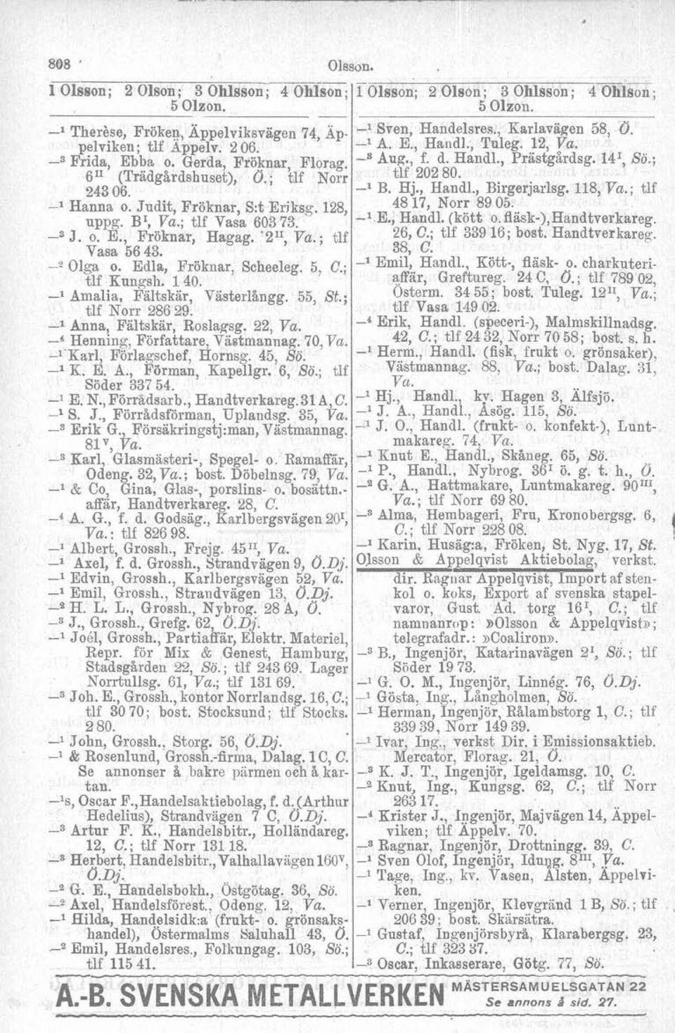 140. -l Amalia, Faltskär, Västerlångg. 55, St.; tlf Norr 286 29. -l Anna, Fältskär, Roslagsg. 22, -' Henning, Författare, Västmannag. 70, -l Karl, Förlayschef, Hornsg. 45, So. -l K. E. A., Förman, Kapellgr.