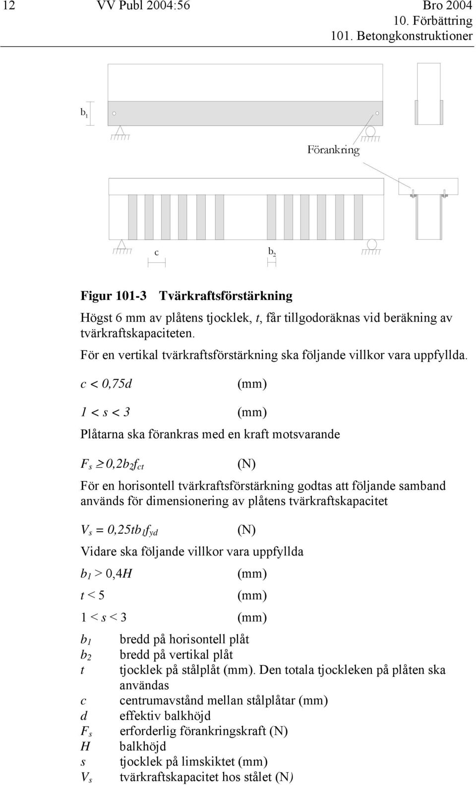 c < 0,75d (mm) 1 < s < 3 (mm) Plåtarna ska förankras med en kraft motsvarande F s 0,2b 2 f ct (N) För en horisontell tvärkraftsförstärkning godtas att följande samband används för dimensionering av