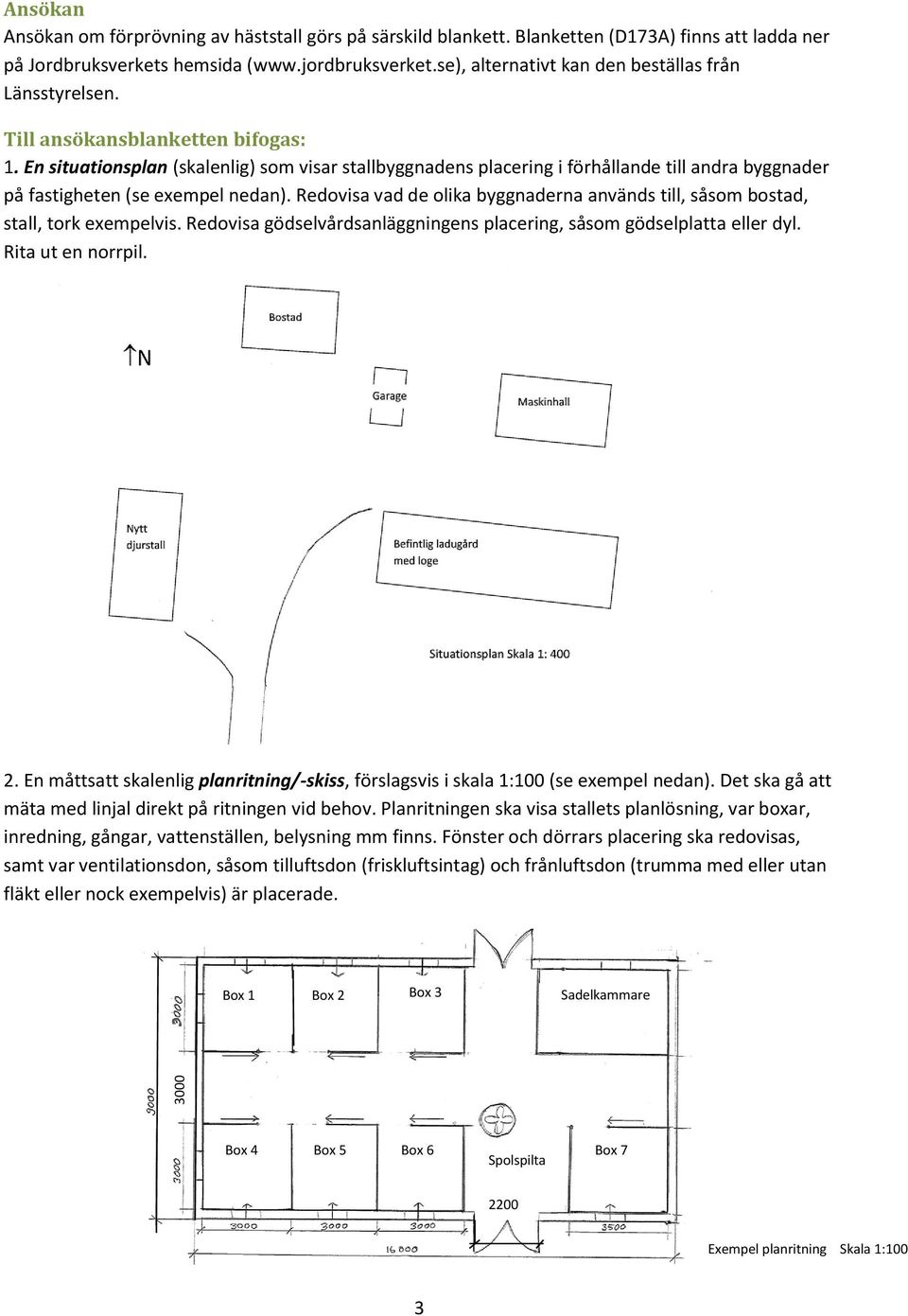 En situationsplan (skalenlig) som visar stallbyggnadens placering i förhållande till andra byggnader på fastigheten (se exempel nedan).