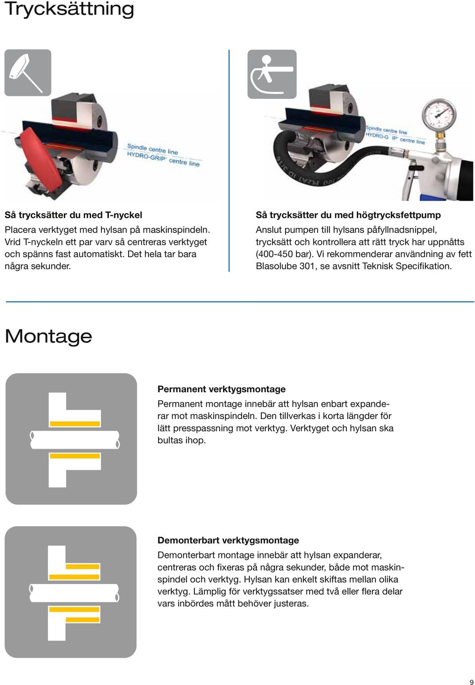 Vi rekommenderar användning av fett Blasolube 301, se avsnitt Teknisk Specifikation. Montage Permanent verktygsmontage Permanent montage innebär att hylsan enbart expanderar mot maskinspindeln.