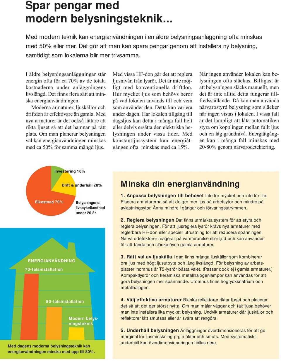 I äldre belysningsanläggningar står energin ofta för ca 70% av de totala kostnaderna under anläggningens livslängd. Det finns flera sätt att minska energianvändningen.