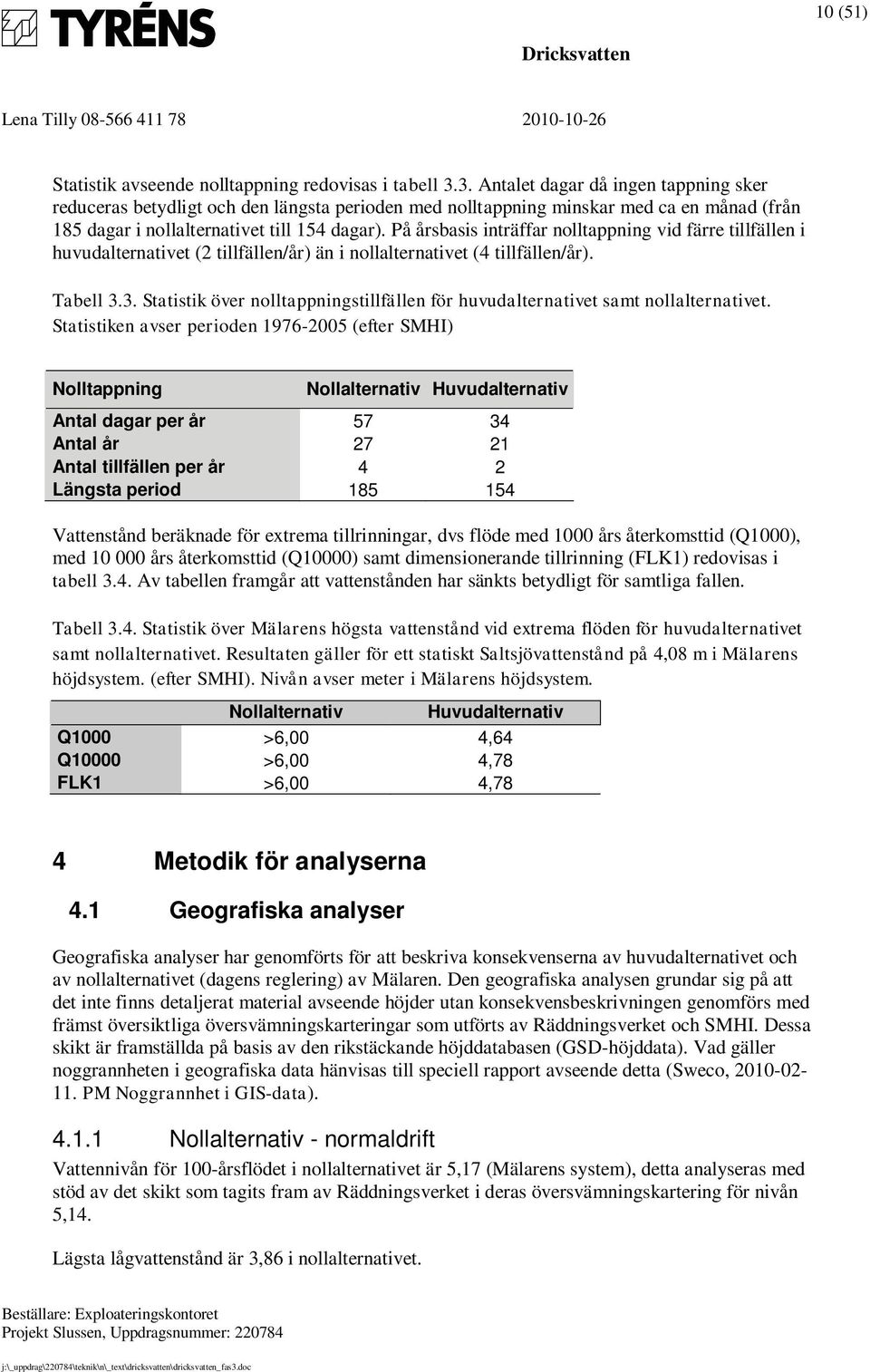 På årsbasis inträffar nolltappning vid färre tillfällen i huvudalternativet (2 tillfällen/år) än i nollalternativet (4 tillfällen/år). Tabell 3.