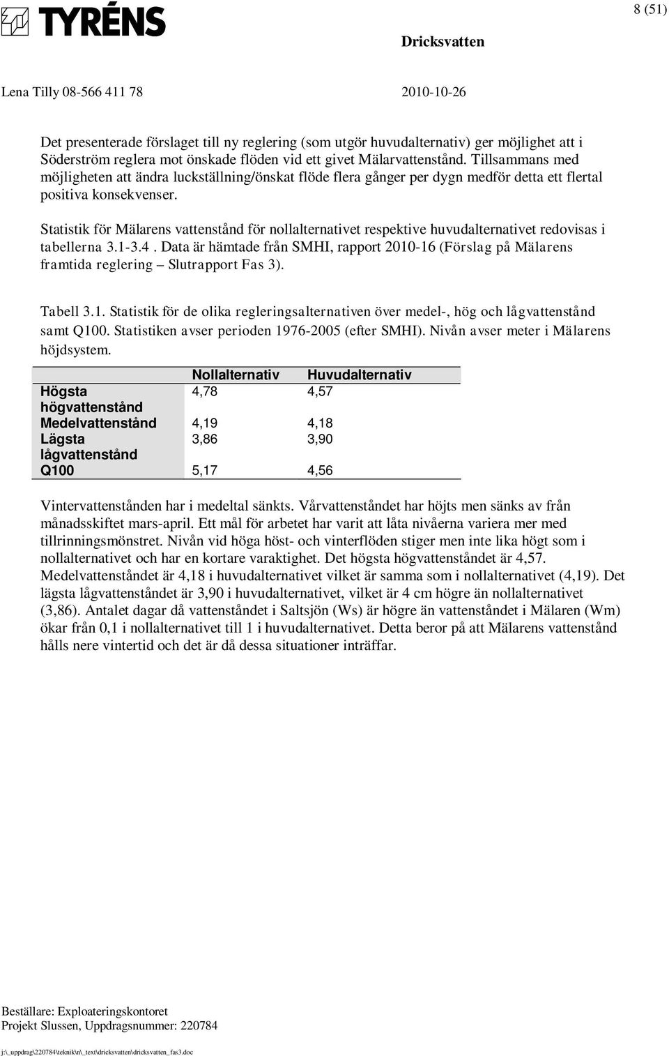 Statistik för Mälarens vattenstånd för nollalternativet respektive huvudalternativet redovisas i tabellerna 3.1-3.4.