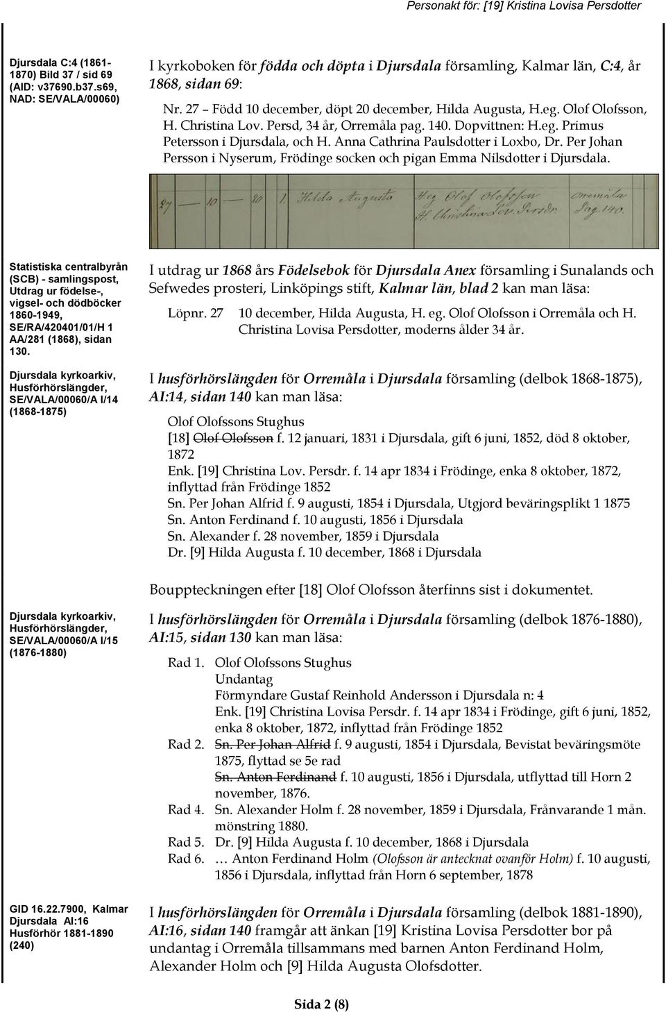 Christina Lov. Persd, 34 år, Orremåla pag. 140. Dopvittnen: H.eg. Primus Petersson i Djursdala, och H. Anna Cathrina Paulsdotter i Loxbo, Dr.