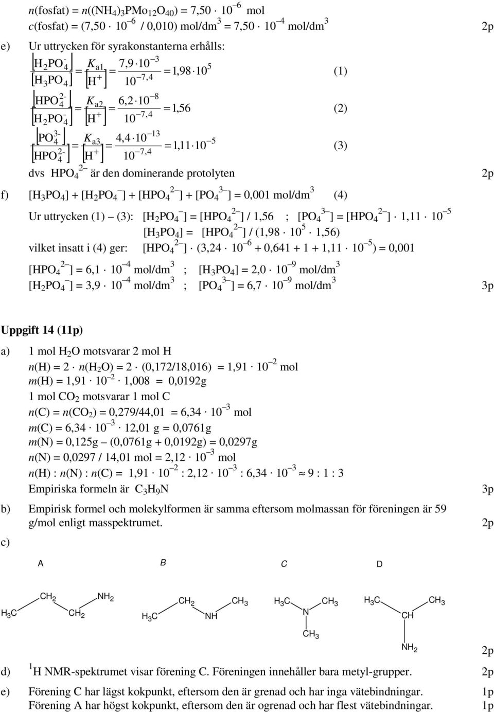 f) [H 3 P 4 ] + [H 2 P 4 ] + [HP4 2 ] + [P4 3 ] = 0,001 mol/dm 3 2 3 2 5 Ur uttrycken (1) (3): [H 2 P 4 ] = [HP4 ] / 1,56 ; [P4 ] = [HP4 ] 1,11 10 2 5 [H 3 P 4 ] = [HP 4 ] / (1,98 10 1,56) 2 6 5