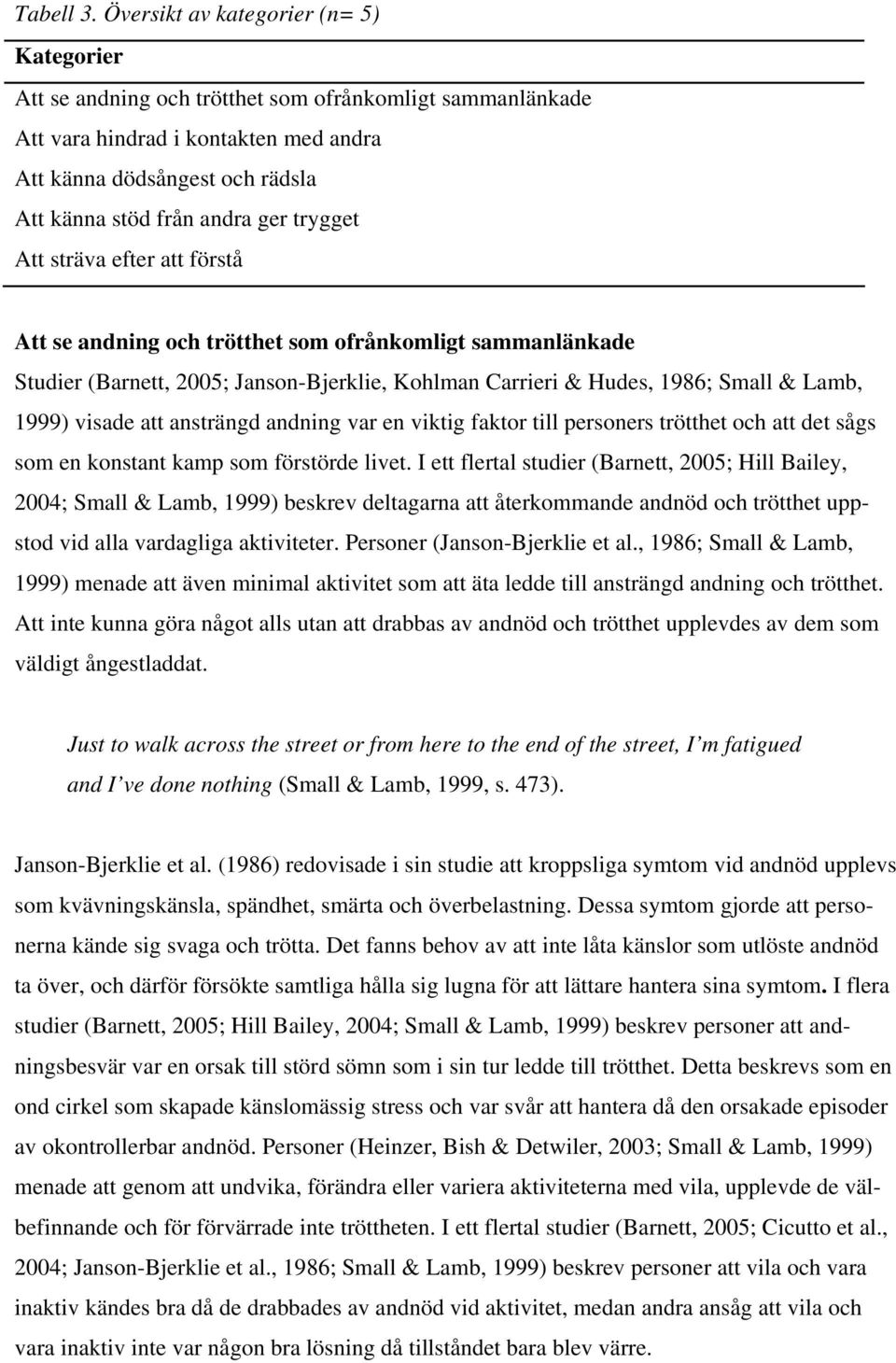 ger trygget Att sträva efter att förstå Att se andning och trötthet som ofrånkomligt sammanlänkade Studier (Barnett, 2005; Janson-Bjerklie, Kohlman Carrieri & Hudes, 1986; Small & Lamb, 1999) visade