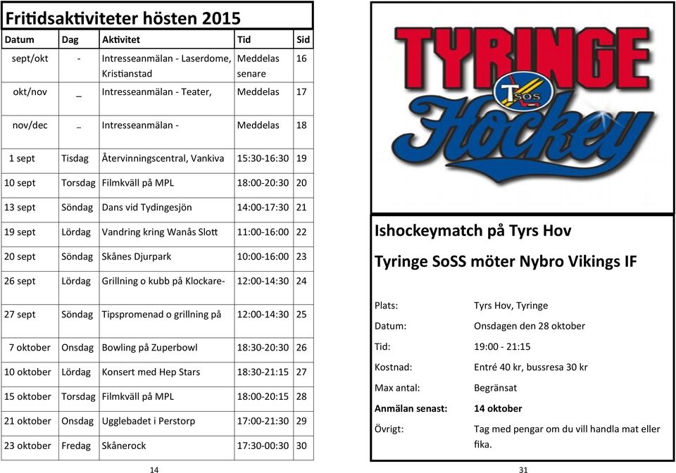 Lördag Vandring kring Wanås Slott 11:00-16:00 22 20 sept Söndag Skånes Djurpark 10:00-16:00 23 26 sept Lördag Grillning o kubb på Klockare- 12:00-14:30 24 Ishockeymatch på Tyrs Hov Tyringe SoSS möter