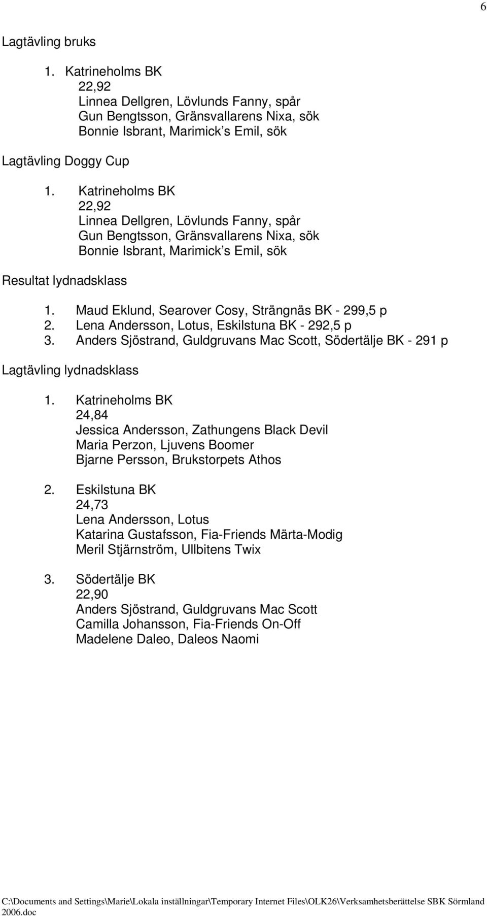 Maud Eklund, Searover Cosy, Strängnäs BK - 299,5 p 2. Lena Andersson, Lotus, Eskilstuna BK - 292,5 p 3. Anders Sjöstrand, Guldgruvans Mac Scott, Södertälje BK - 291 p Lagtävling lydnadsklass 1.