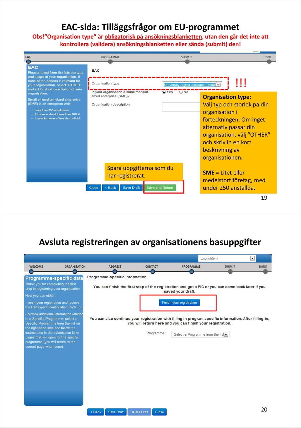 sända (submit) den! Spara uppgifterna som du har registrerat.!!! Organisation type: Välj typ och storlek på din organisation i förteckningen.