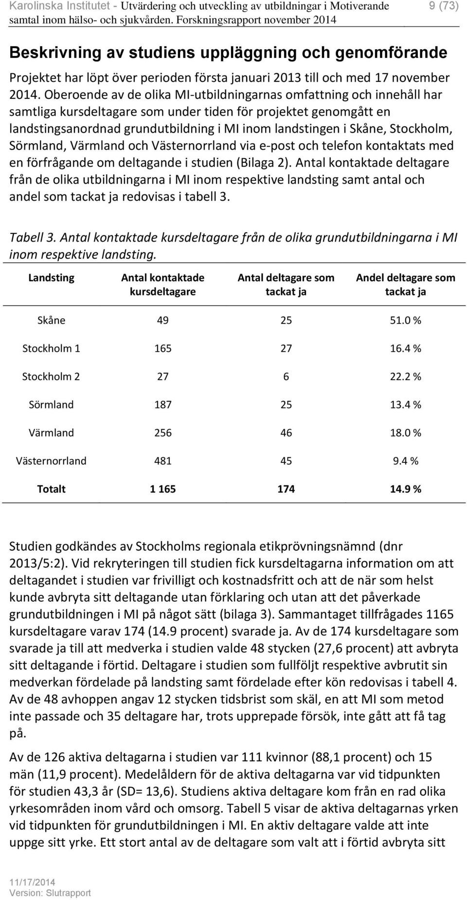 Skåne, Stockholm, Sörmland, Värmland och Västernorrland via e-post och telefon kontaktats med en förfrågande om deltagande i studien (Bilaga 2).