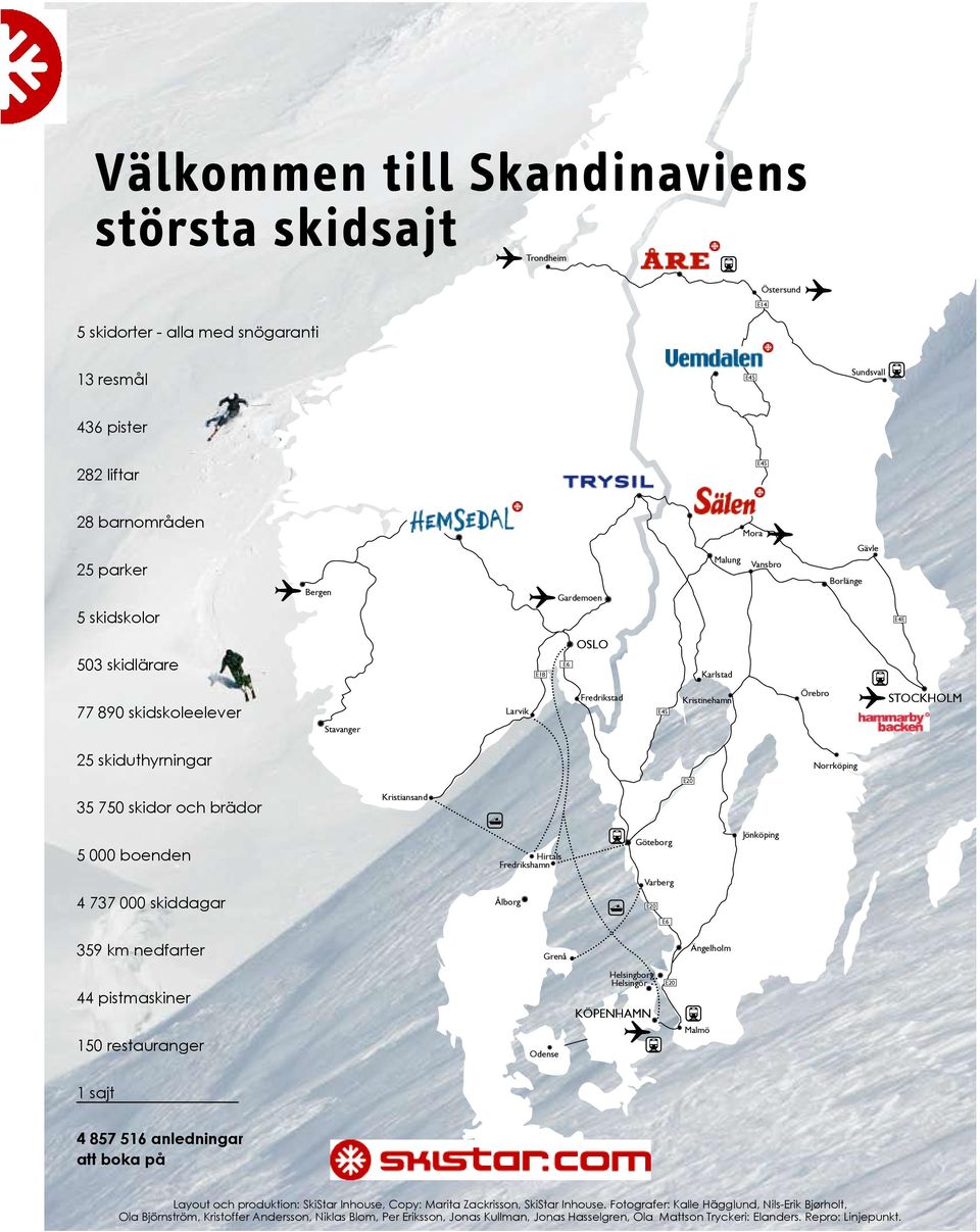 Norrköping e20 35 750 skidor och brädor Kristiansand 5 000 boenden Hirtals Fredrikshamn Göteborg Jönköping Varberg 4 737 000 skiddagar Ålborg e20 e6 359 km nedfarter Grenå Ängelholm 44 pistmaskiner