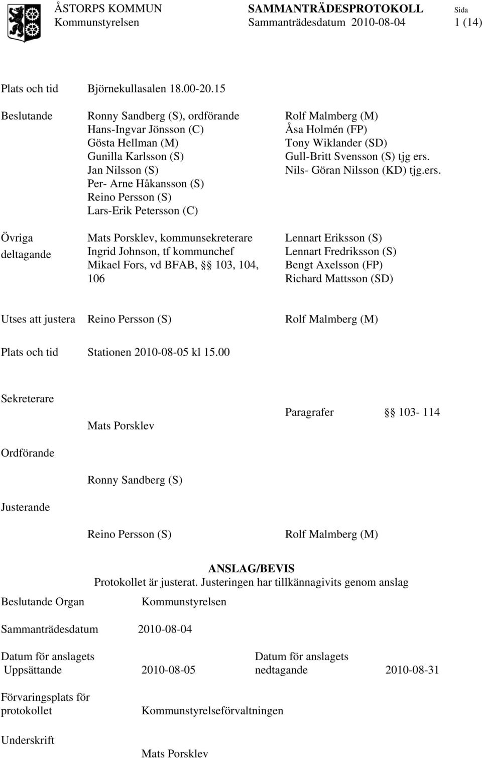 Petersson (C) Mats Porsklev, kommunsekreterare Ingrid Johnson, tf kommunchef Mikael Fors, vd BFAB, 103, 104, 106 Rolf Malmberg (M) Åsa Holmén (FP) Tony Wiklander (SD) Gull-Britt Svensson (S) tjg ers.