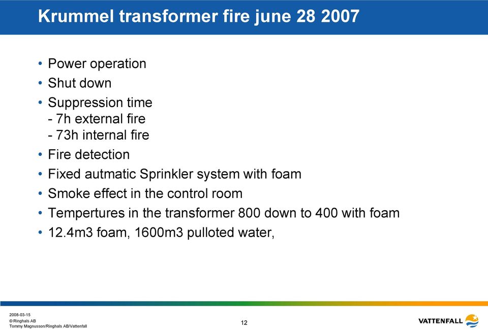 Sprinkler system with foam Smoke effect in the control room Tempertures in