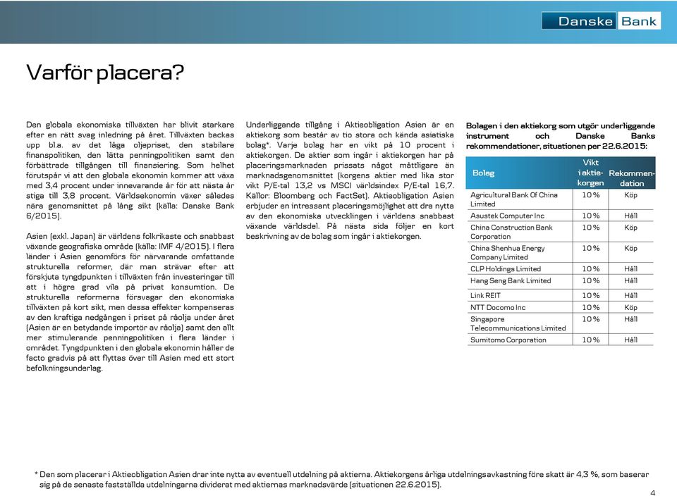 Världsekonomin växer således nära genomsnittet på lång sikt (källa: Danske Bank 6/2015). Asien (exkl. Japan) är världens folkrikaste och snabbast växande geografiska område (källa: IMF 4/2015).