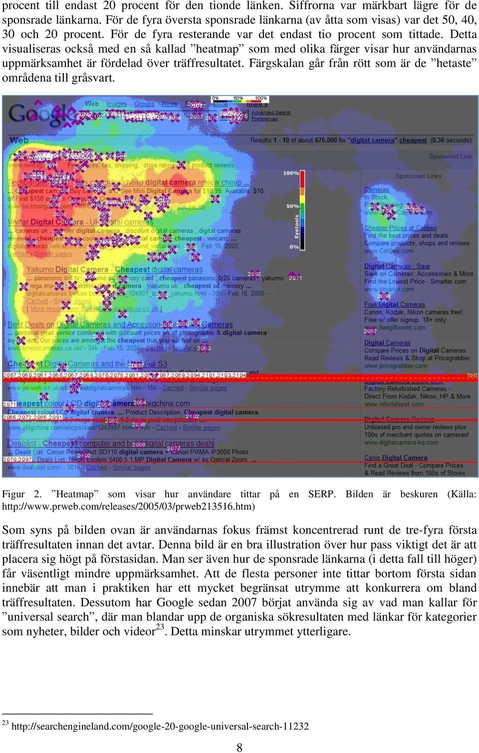 Detta visualiseras också med en så kallad heatmap som med olika färger visar hur användarnas uppmärksamhet är fördelad över träffresultatet.