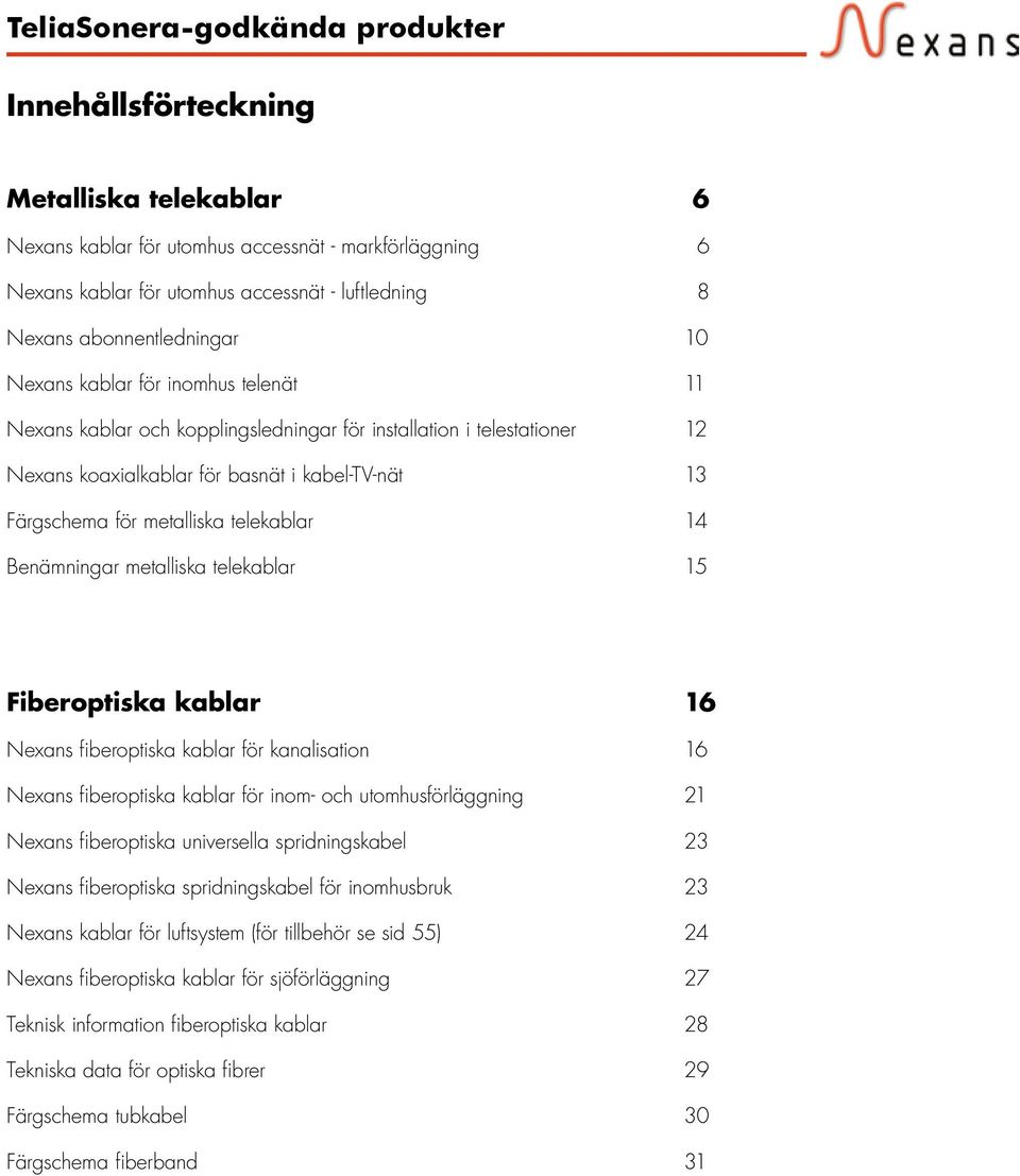 metalliska telekablar 15 Fiberoptiska kablar 16 Nexans fiberoptiska kablar för kanalisation 16 Nexans fiberoptiska kablar för inom- och utomhusförläggning 21 Nexans fiberoptiska universella