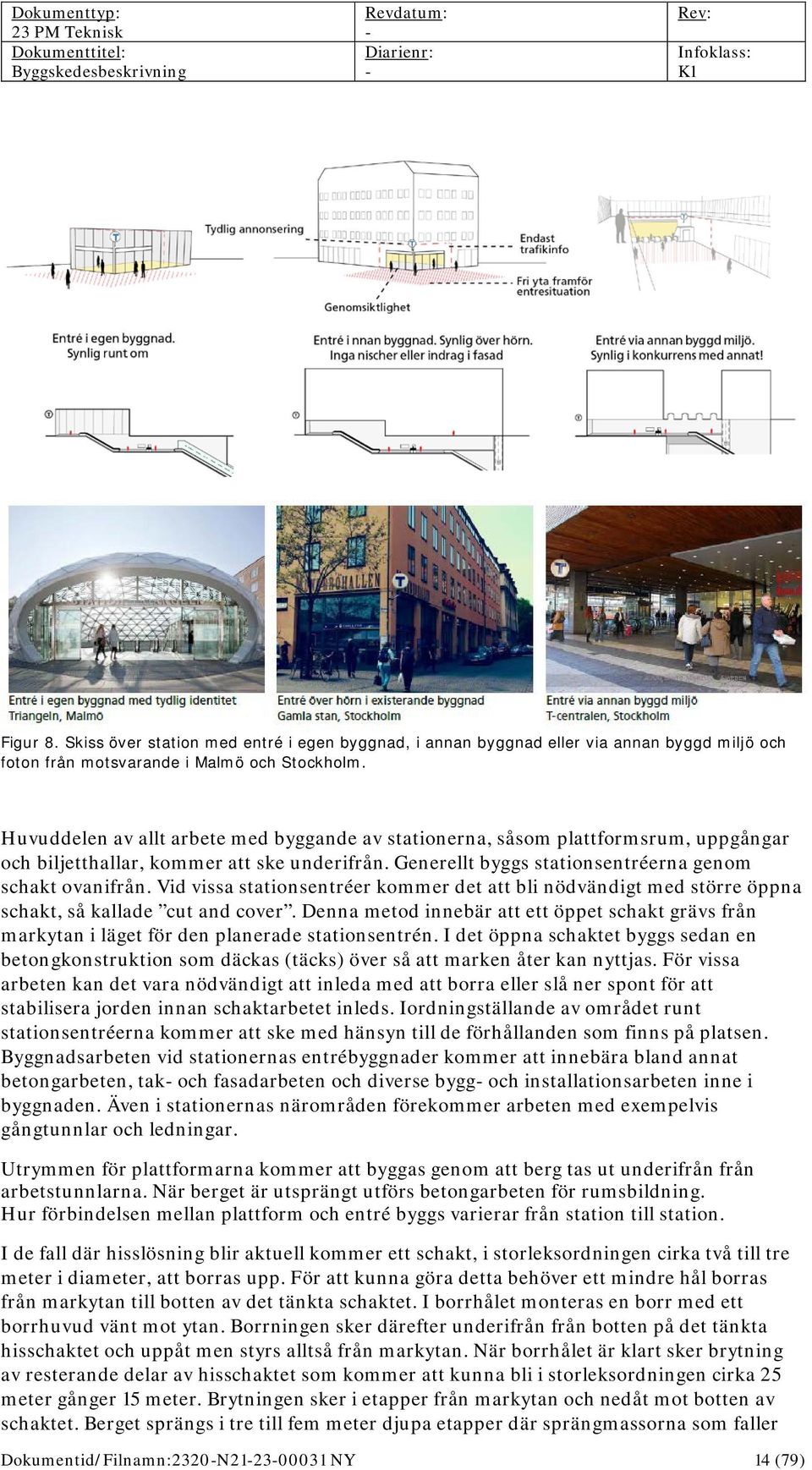 Vid vissa stationsentréer kommer det att bli nödvändigt med större öppna schakt, så kallade cut and cover.