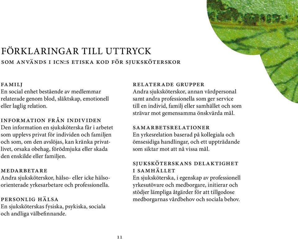 eller skada den enskilde eller familjen. Medarbetare Andra sjuksköterskor, hälso- eller icke hälsoorienterade yrkesarbetare och professionella.