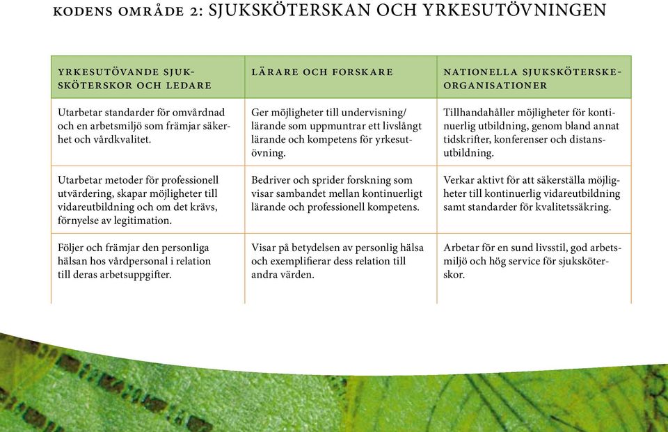 Följer och främjar den personliga hälsan hos vårdpersonal i relation till deras arbetsuppgifter.