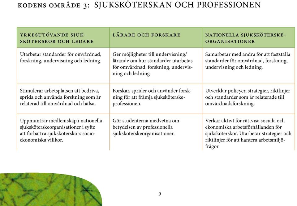 Nationella sjuksköterskeorganisationer Samarbetar med andra för att fastställa standarder för omvårdnad, forskning, undervisning och ledning.