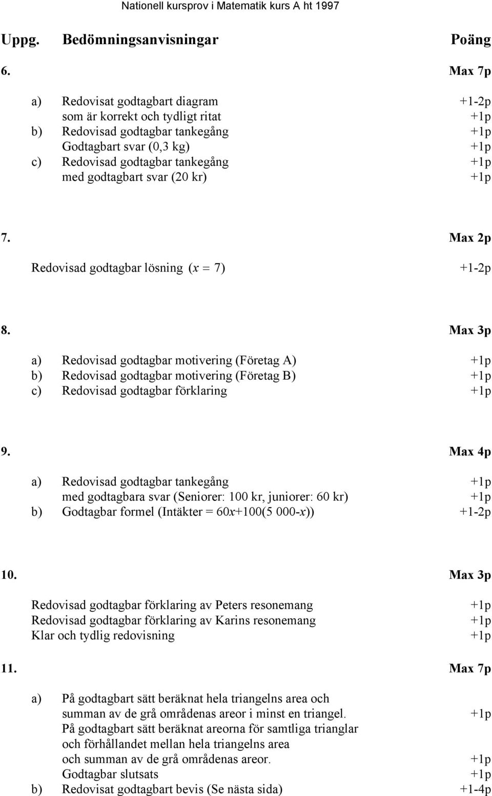 svar (20 kr) +1p 7. Max 2p Redovisad godtagbar lösning (x = 7 ) +1-2p 8.