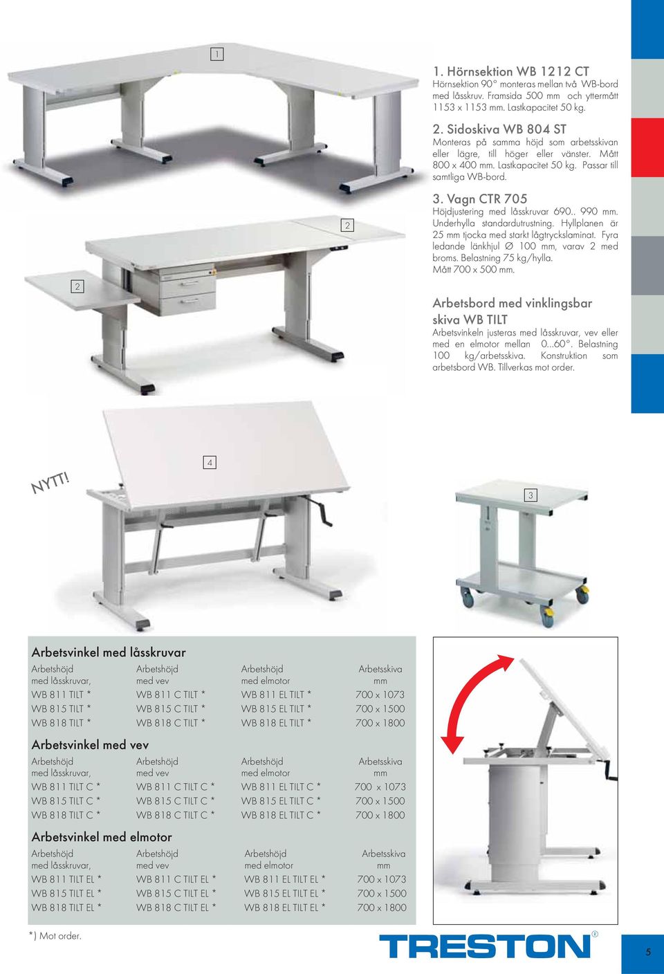 Hyllplanen är 2 mm tjocka med starkt lågtryckslaminat. Fyra ledande länkhjul Ø 100 mm, varav 2 med broms. Belastning 7 kg/hylla. Mått 700 x 00 mm.