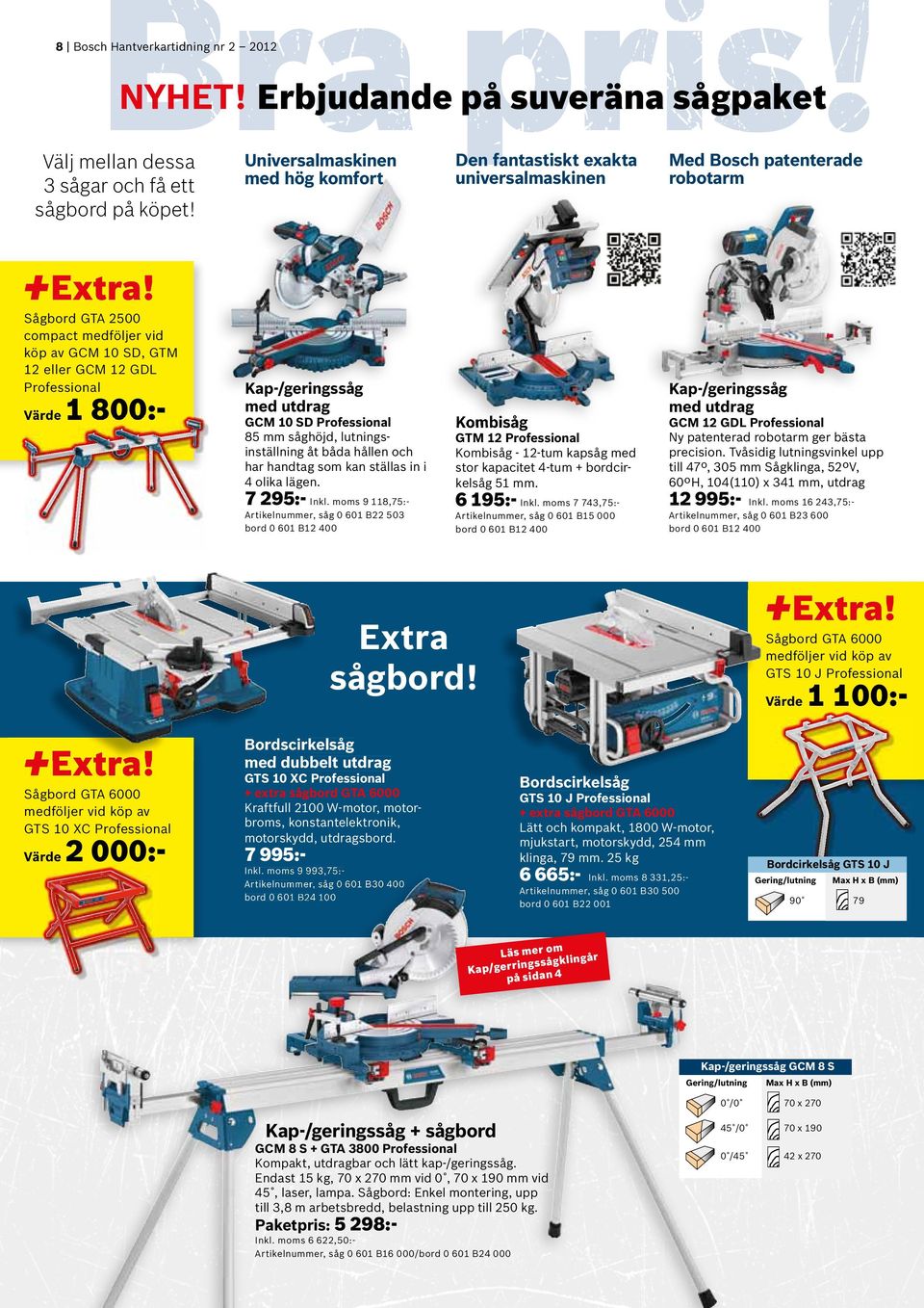 Sågbord GTA 2500 compact medföljer vid köp av GCM 10 SD, GTM 12 eller GCM 12 GDL Värde 1 800:- Kap-/geringssåg med utdrag GCM 10 SD 85 mm såghöjd, lutningsinställning åt båda hållen och har handtag