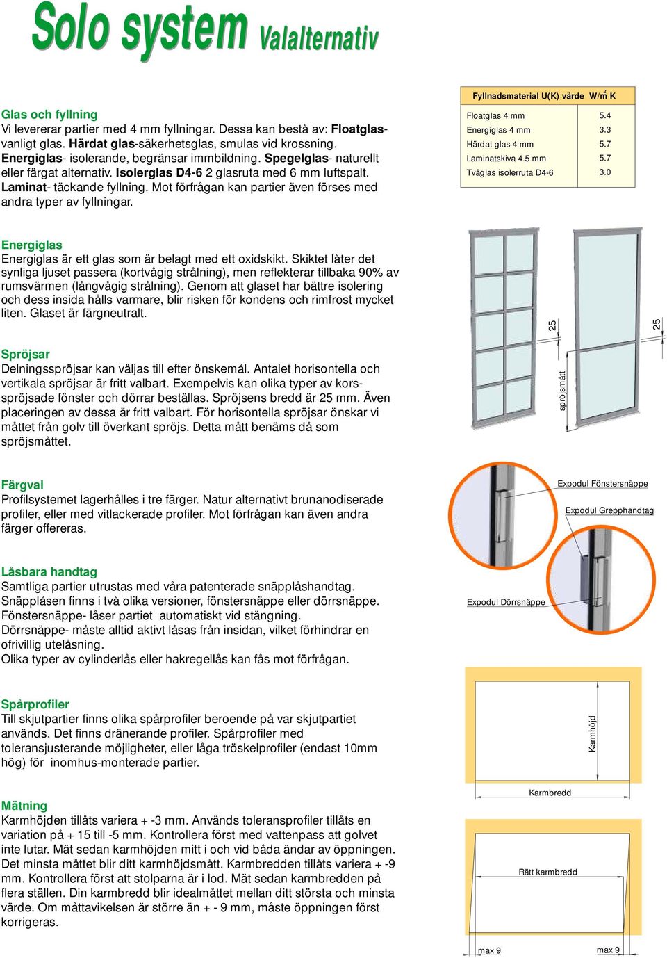 Mot förfrågan kan partier även förses med andra typer av fyllningar. Fyllnadsmaterial U(K) värde W/m K Floatglas 4 mm 5.4 Energiglas 4 mm 3.3 Härdat glas 4 mm 5.7 Laminatskiva 4.5 mm 5.