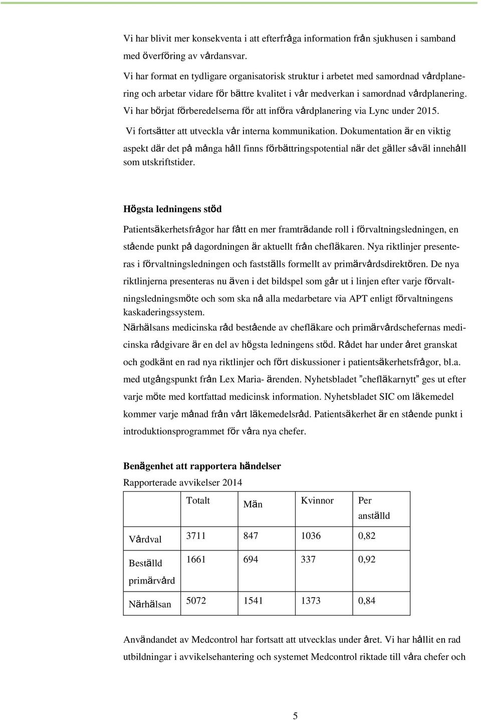 Vi har börjat förberedelserna för att införa vårdplanering via Lync under 2015. Vi fortsätter att utveckla vår interna kommunikation.
