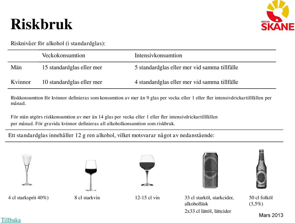 För män utgörs riskkonsumtion av mer än 14 glas per vecka eller 1 eller fler intensivdrickartillfällen per månad. För gravida kvinnor definieras all alkoholkonsumtion som riskbruk.